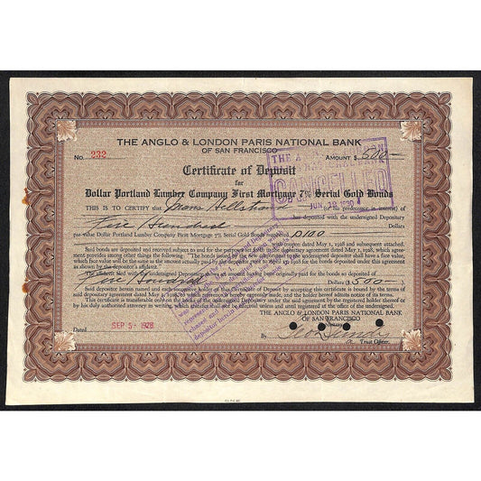 Anglo & London Paris National Bank of S.F. 1928 Certificate Deposit Hellstrand ?
