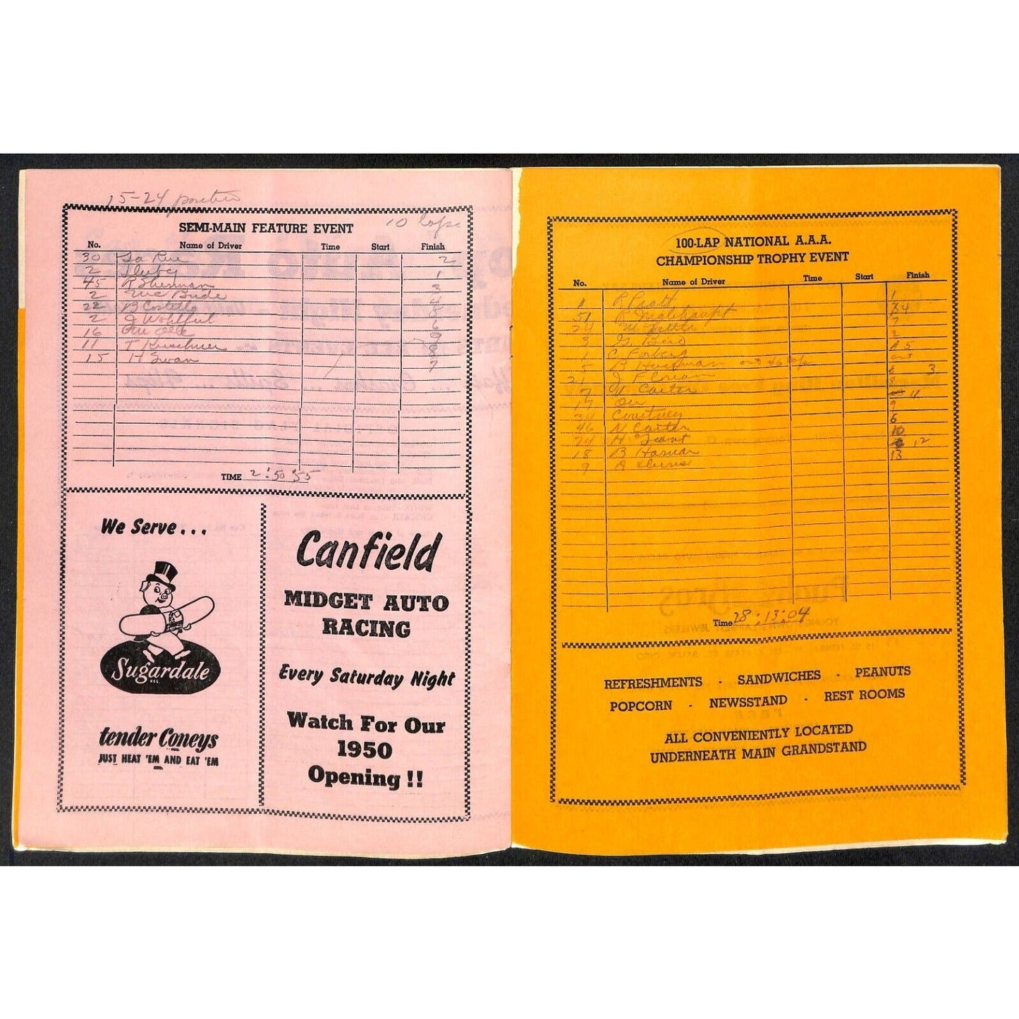 Canfield Speedway Midget Auto Racing Program AAA Duane Carter / Cal Nidy c1949