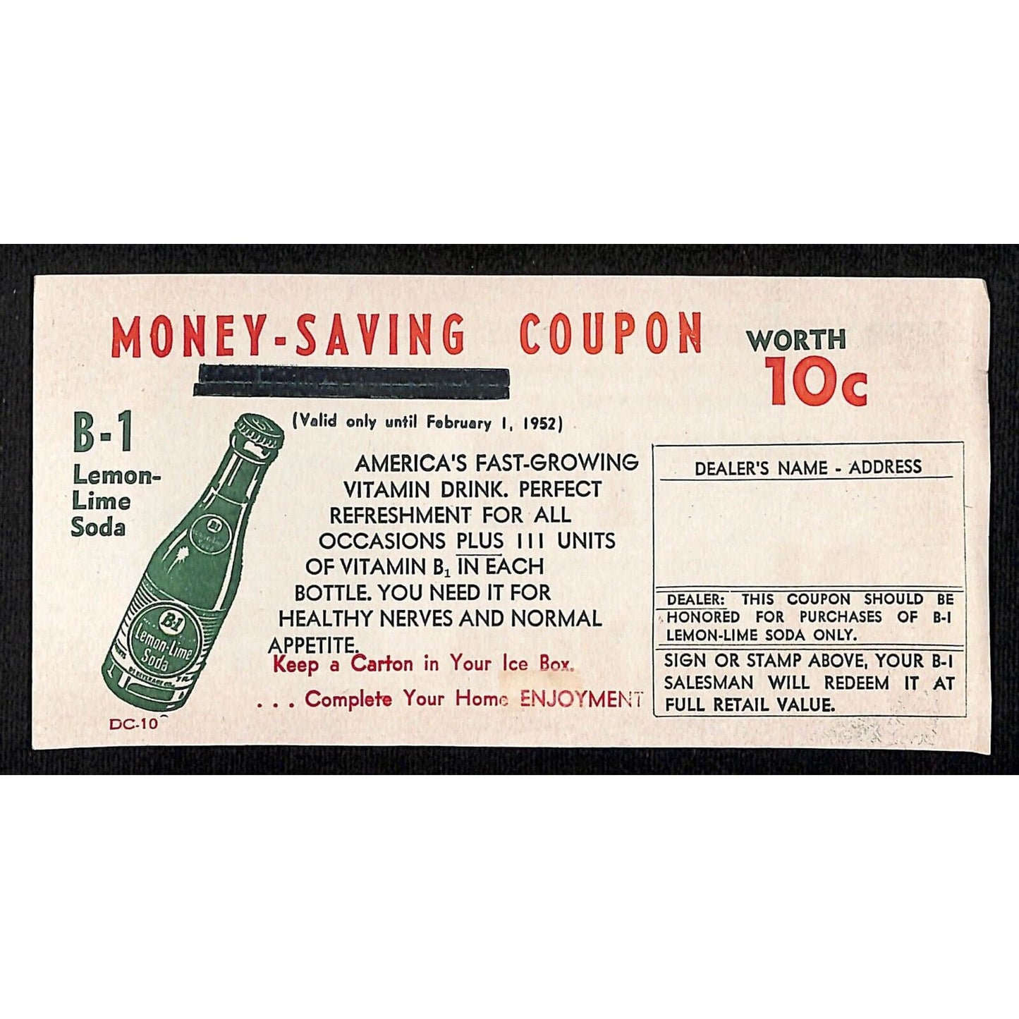 B-1 Lemon Lime Soda 1951-52 10c w/ 6 Bottle Purchase Money Saving Coupon