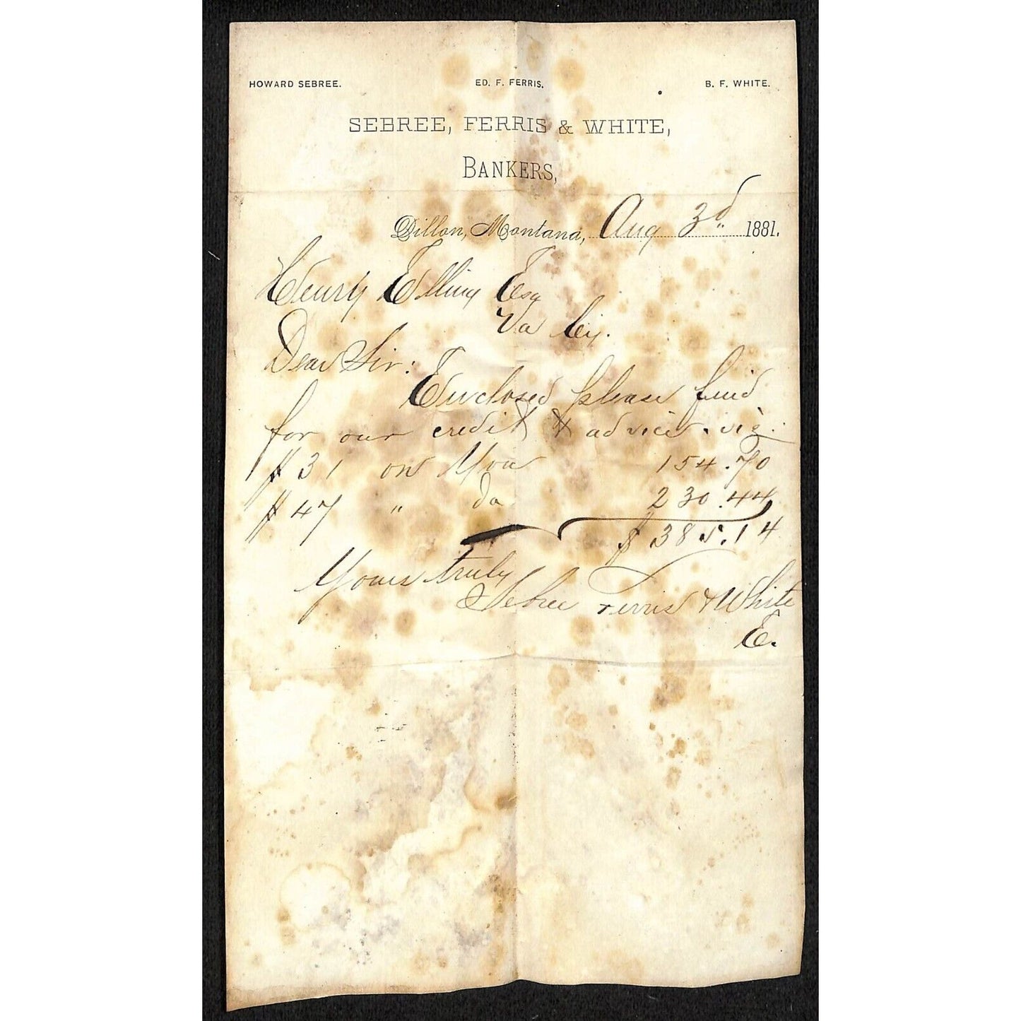 1881 Sebree, Ferris & White Bankers Dillon, MT Billhead Receipt Henry Elling*