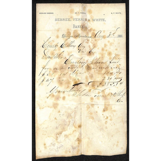 1881 Sebree, Ferris & White Bankers Dillon, MT Billhead Receipt Henry Elling*