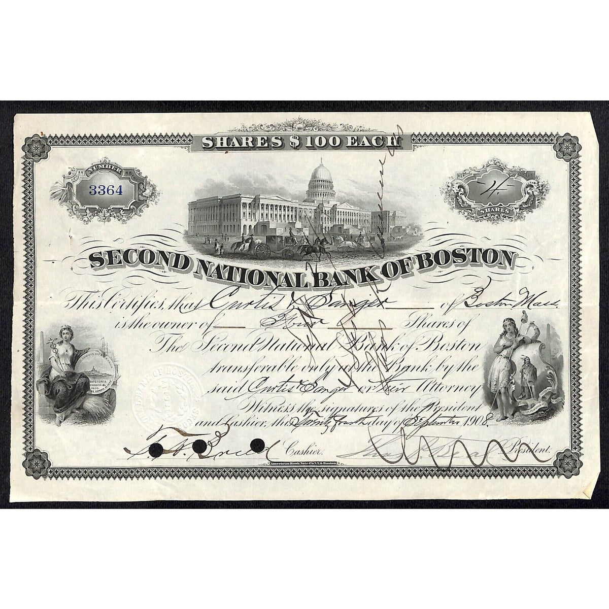 Second National Bank of Boston 1908 Stock Certificate to Curtis Sanger