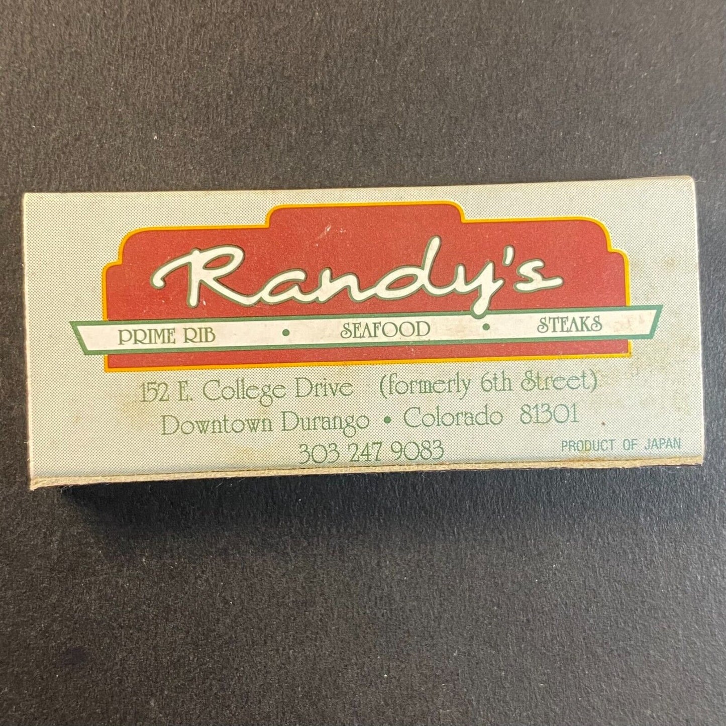 Randy's Prime Rib Seafood Steaks Restaurant Durango, CO Vintage Matchbox VGC