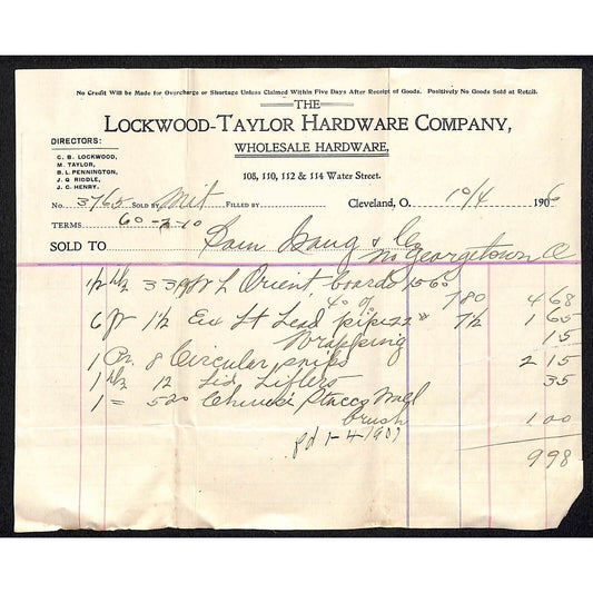 Lockwood-Taylor Hardware Cleveland 1906 Billhead Samuel Wang* N. Georgetown OH