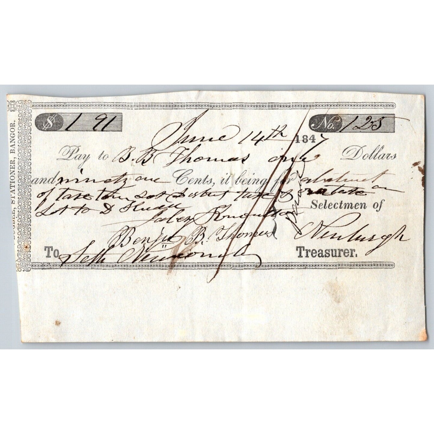 1847 Jabez Knowlton* Newburgh ME Town Check to B.B. Thomas