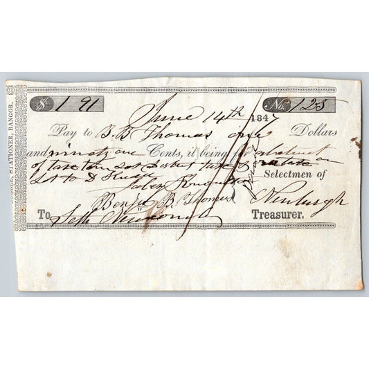 1847 Jabez Knowlton* Newburgh ME Town Check to B.B. Thomas