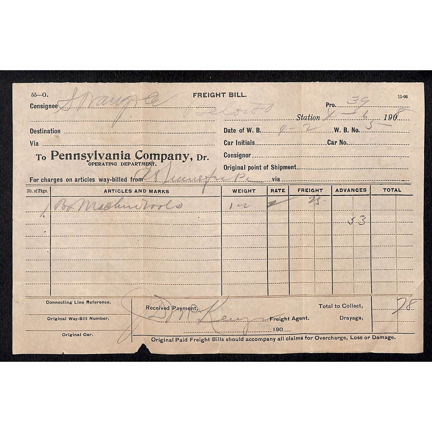 Pennsylvania Company RR Freight Bill 1908 Billhead Samuel Wang* N. Georgetown OH