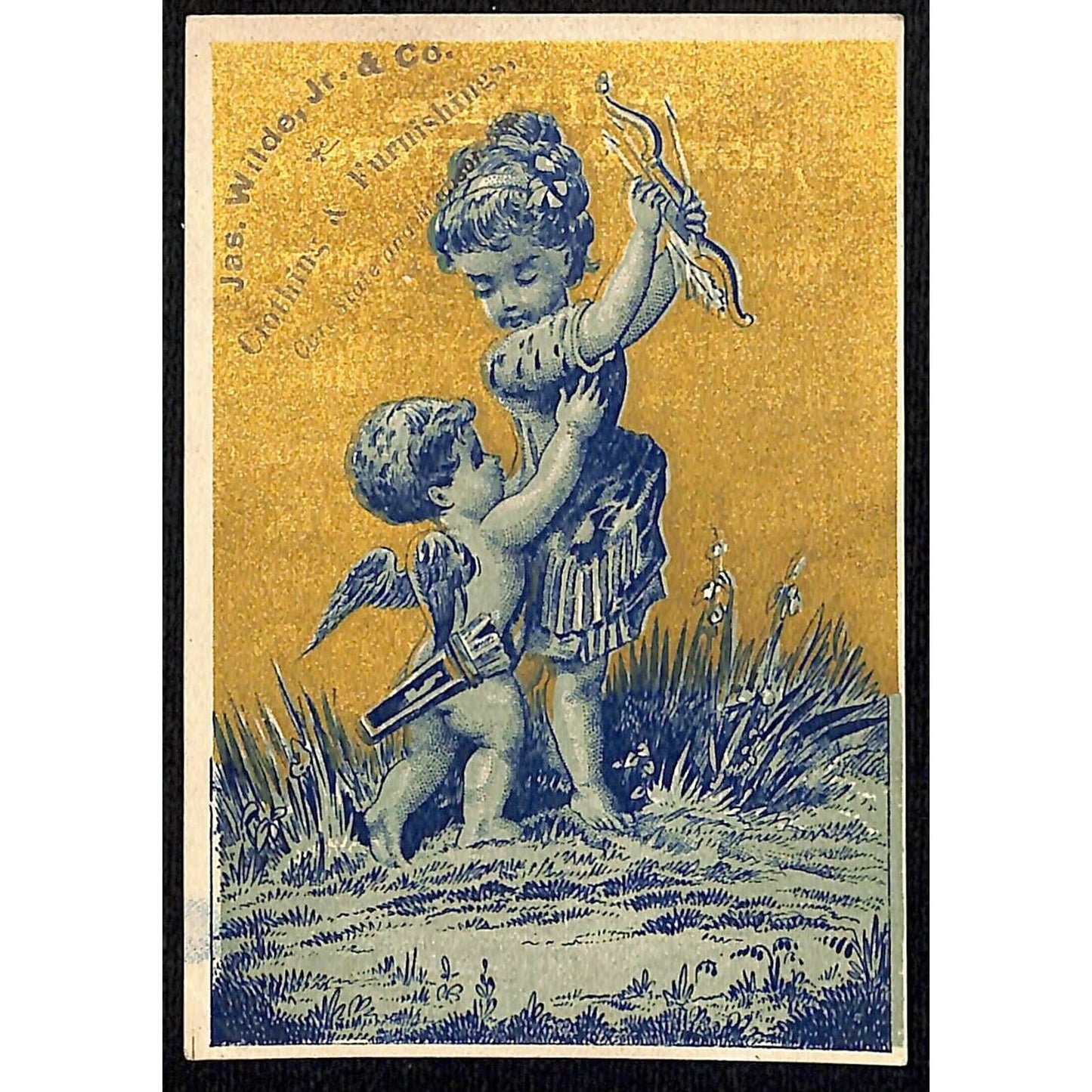 James Wilde Chicago Boy's Outfitters Victorian Trade Card Girl Takes Cupid's Bow
