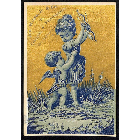 James Wilde Chicago Boy's Outfitters Victorian Trade Card Girl Takes Cupid's Bow