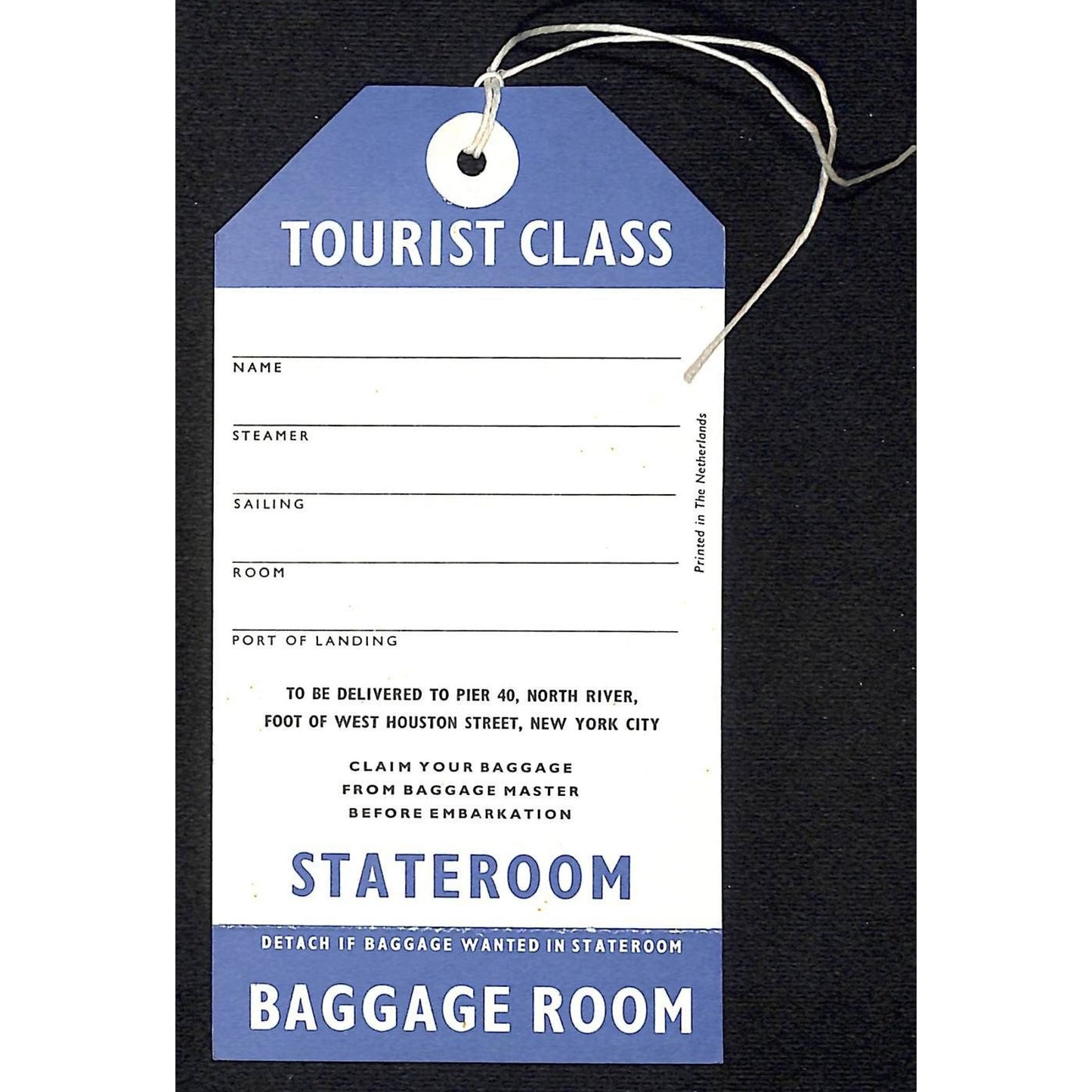 Holland America Line Pier 40 NYC NOS c1975 Blue Tourist Cruise Ship Luggage Tag