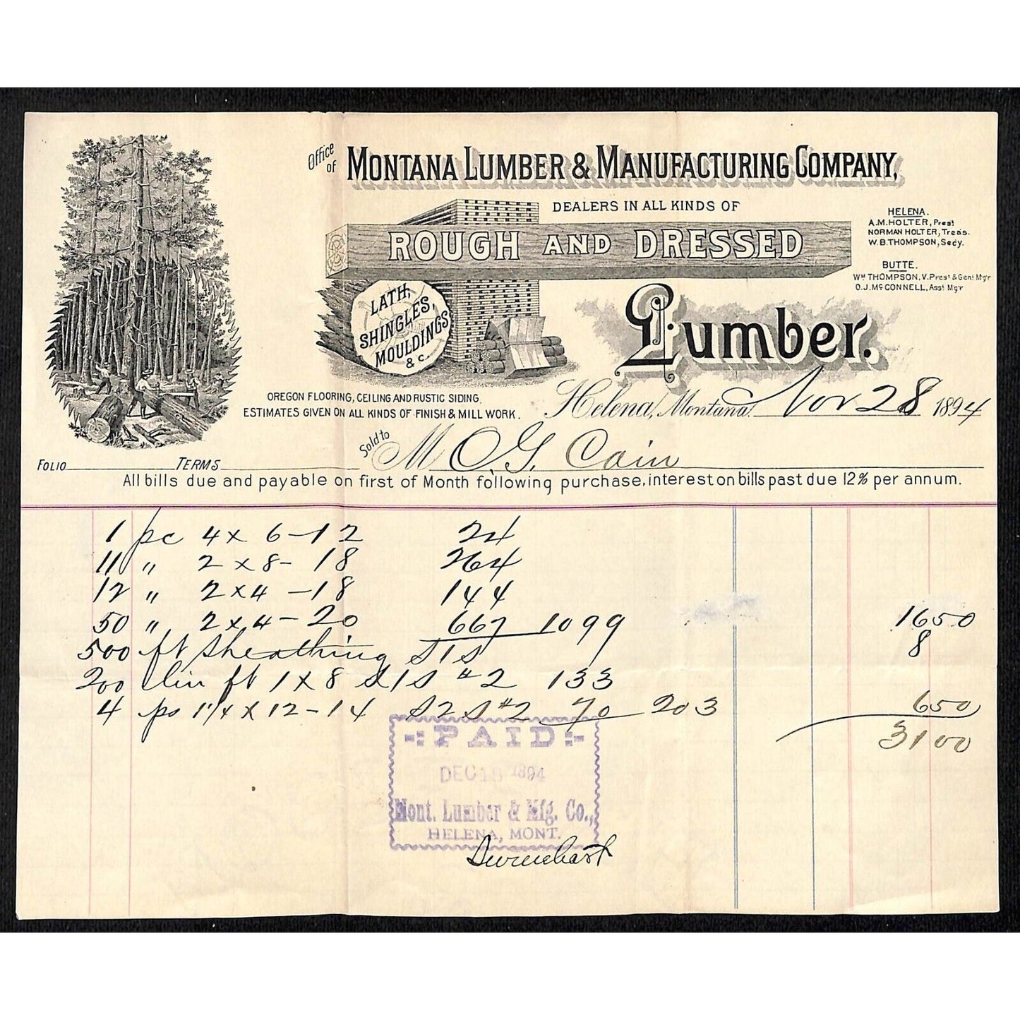1894 Montana Lumber & Manufacturing Co. Helena, MT Letterhead w/ Vignettes