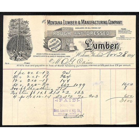 1894 Montana Lumber & Manufacturing Co. Helena, MT Letterhead w/ Vignettes