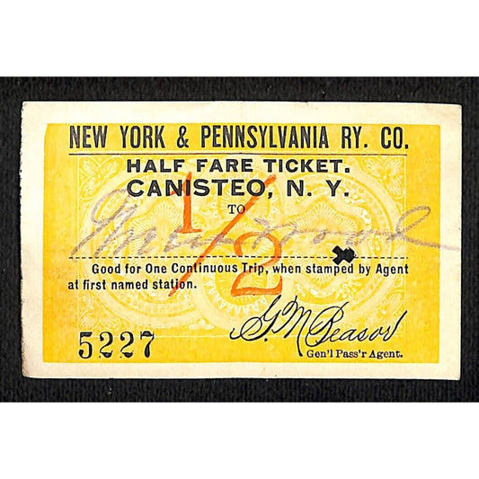 New York & Pennsylvania Railroad RY July 12 1917 Greenwood 1/2 Fare Ticket #5227