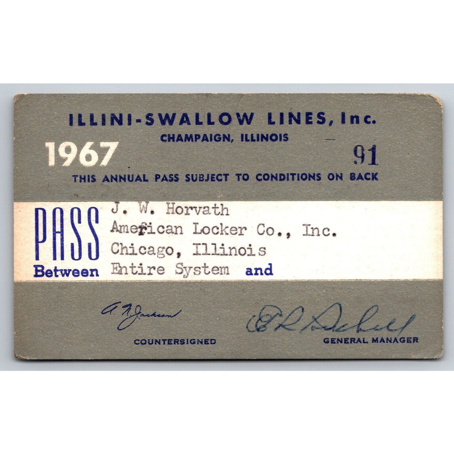 Illini-Swallow Lines Champaign, IL 1967 Annual / Yearly Bus Pass #91