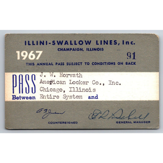 Illini-Swallow Lines Champaign, IL 1967 Annual / Yearly Bus Pass #91
