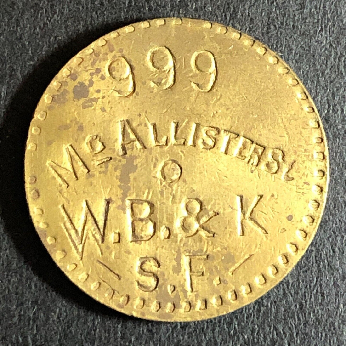 Williams Barbero & Kling (Cigars) McAllister St. SF Brass Trade Token 21mm c1907