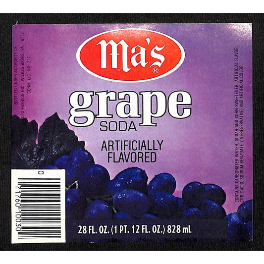 Ma's Grape Soda Paper Label c1980's-90's