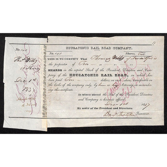 Housatonic Rail Road 1837 Stock Certificate Thomas Wells of New Milford, CT #143