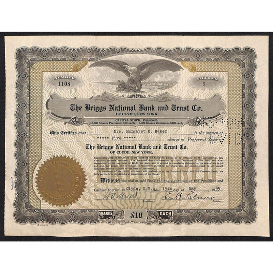 Briggs National Bank and Trust Clyde NY 1939 Stock Certificate Margaret E. Baker