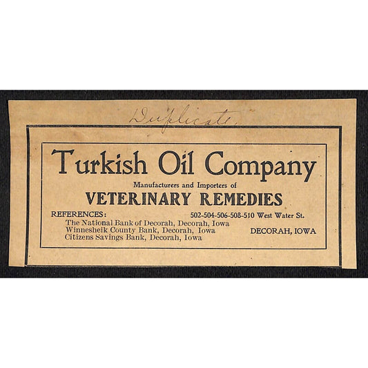 "Turkish Oil Company" Veterinary Remedies Dubuque, IA Hutchinson* c1905 Circular