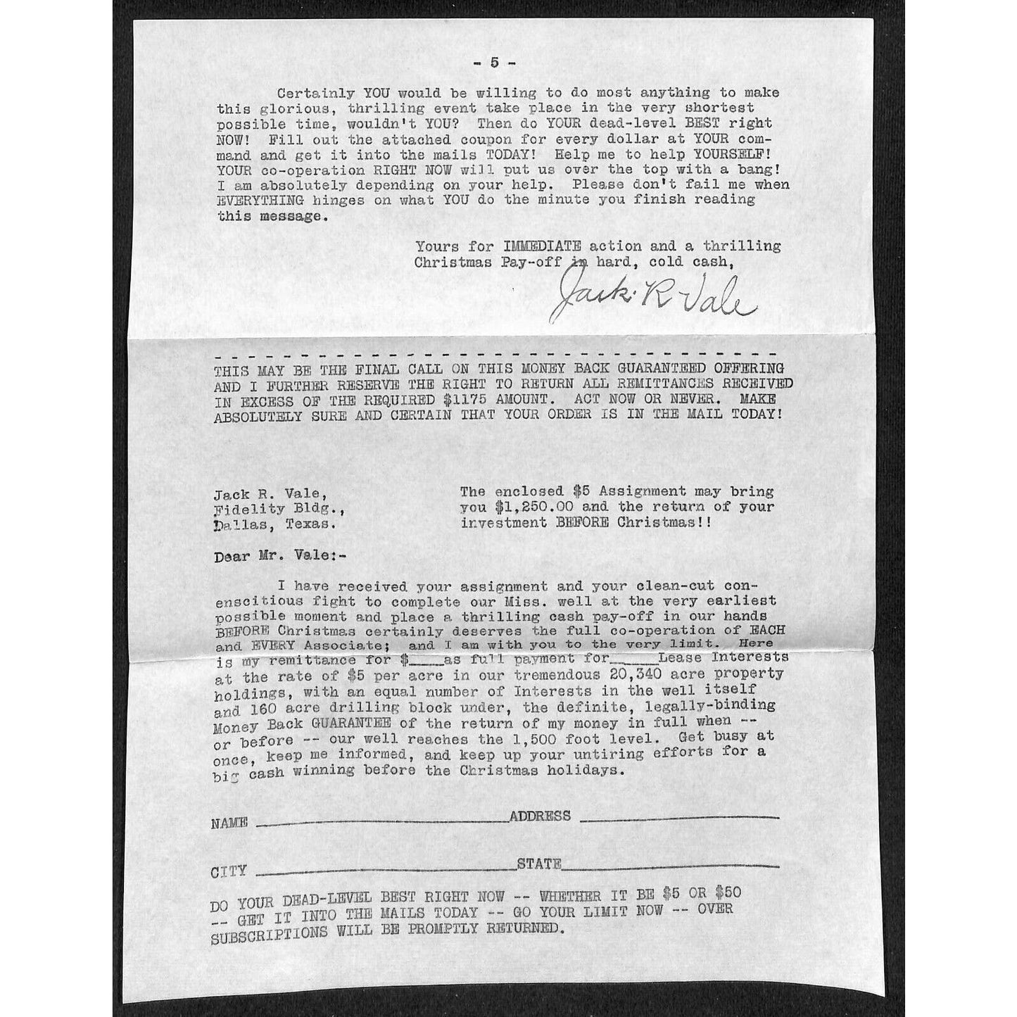 Jack R. Vale Dallas 1934 Oil Investment Scheme ? Promotion Letter 5pp