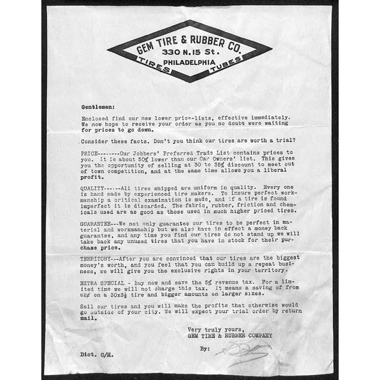 Gem Tire & Rubber Co. Philadelphia c1919 Letterhead re: Trail Territory Offer