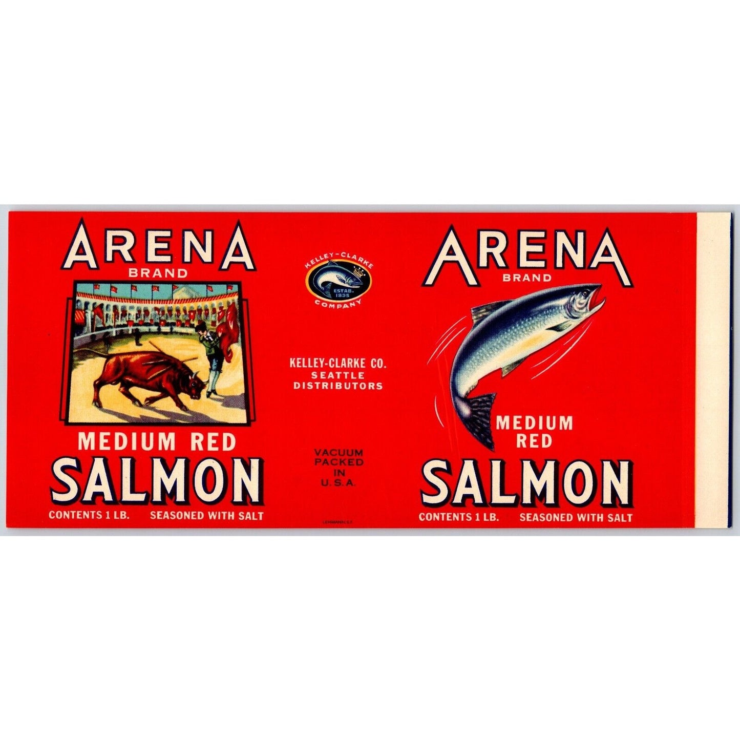 Arena Brand Medium Red Salmon Kelley-Clarke Paper Can Label c1920's Bull Fighter