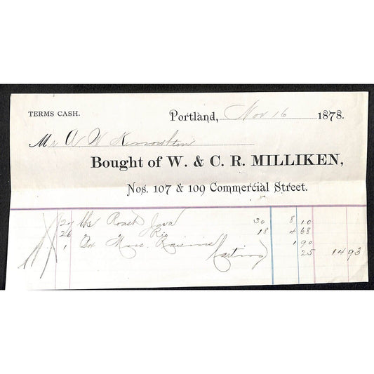 1878 A.W. Knowlton* Newburgh, ME W. & C.R. Milliken Roast Java Rio Billhead