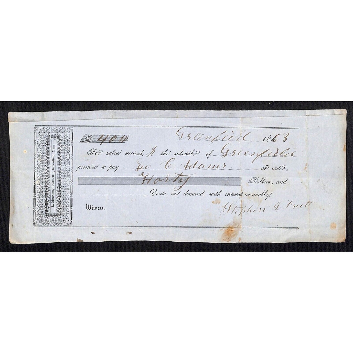 L. Merriam, Bookseller, Greenfield, MA 1863 $40 Promissory Note George C Adams