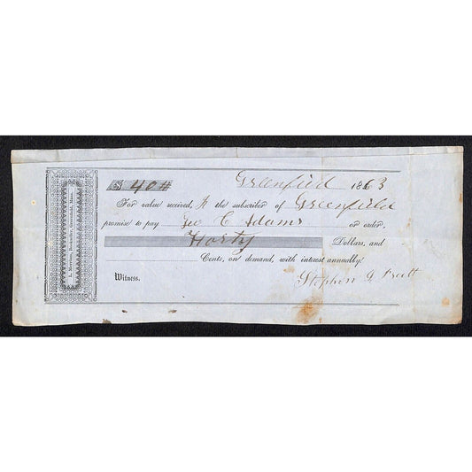 L. Merriam, Bookseller, Greenfield, MA 1863 $40 Promissory Note George C Adams