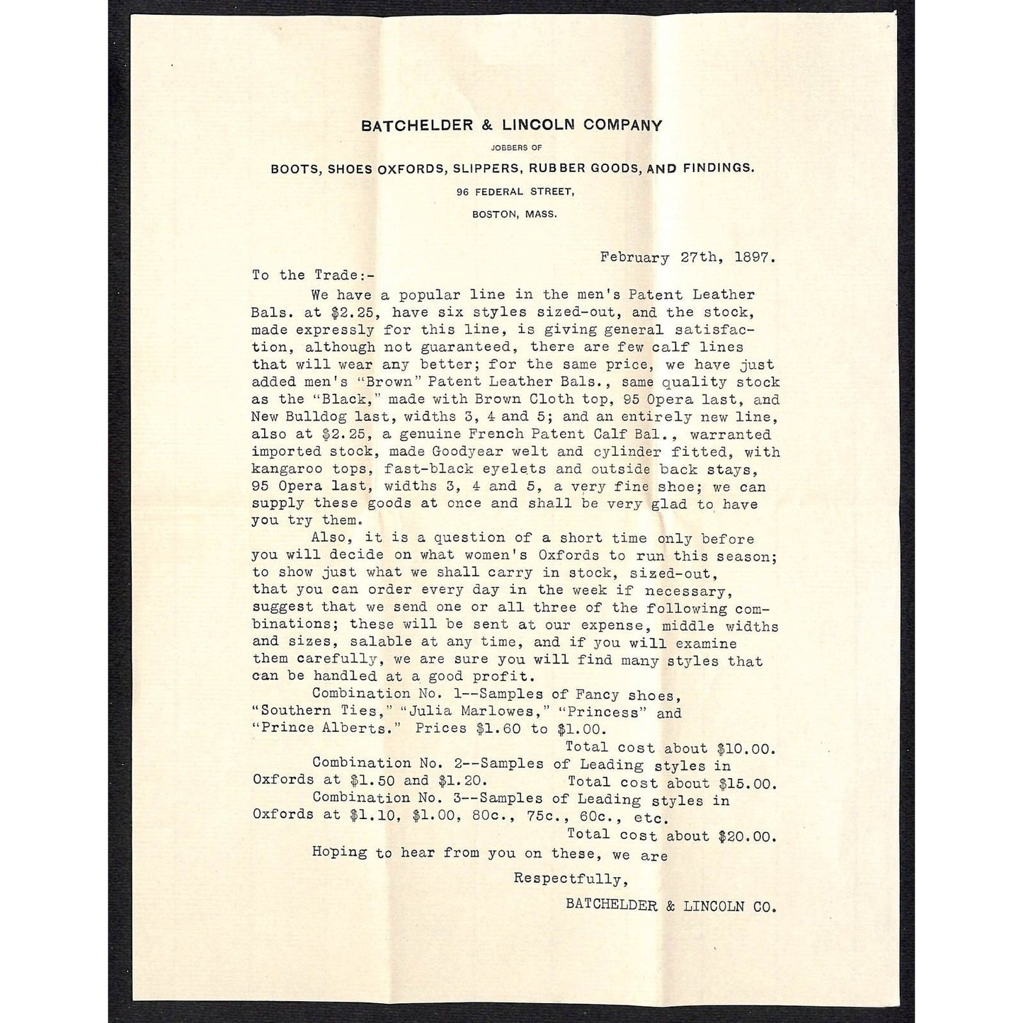 Batchelder & Lincoln Co. Boston 1897 Letterhead, Product Sheet & Cover VGC