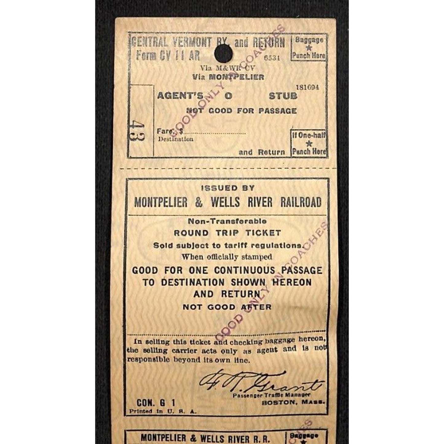 Montpelier and Wells River Railroad Unused Round Trip Ticket Scarce c1941 #43