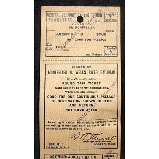 Montpelier and Wells River Railroad Unused Round Trip Ticket Scarce c1941 #43