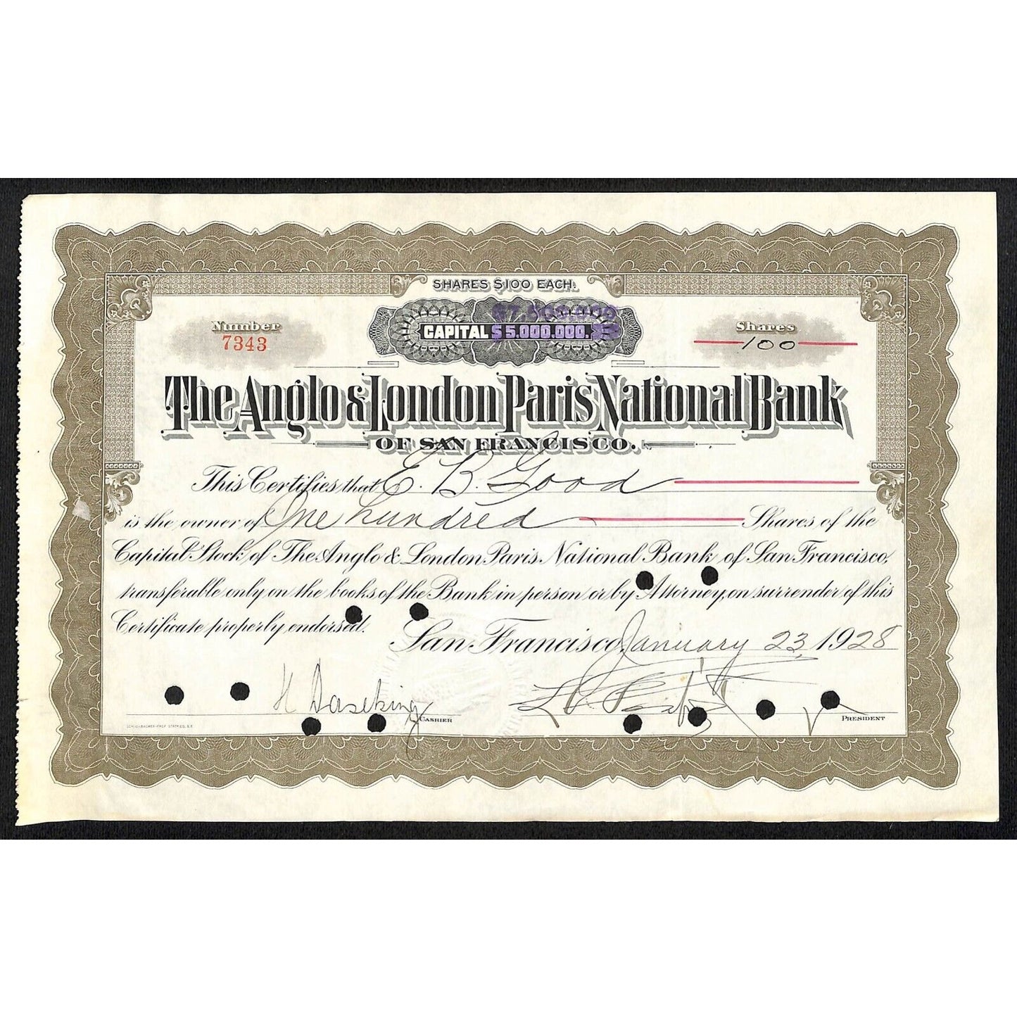 Anglo & London Paris National Bank of San Francisco 1928 Stock Certificate #7343