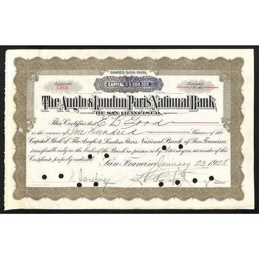 Anglo & London Paris National Bank of San Francisco 1928 Stock Certificate #7343