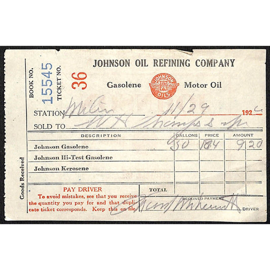 Johnson Oils Gasoline Kerosene 1926 W. H. Thompson Melvin IL Station Receipt #36