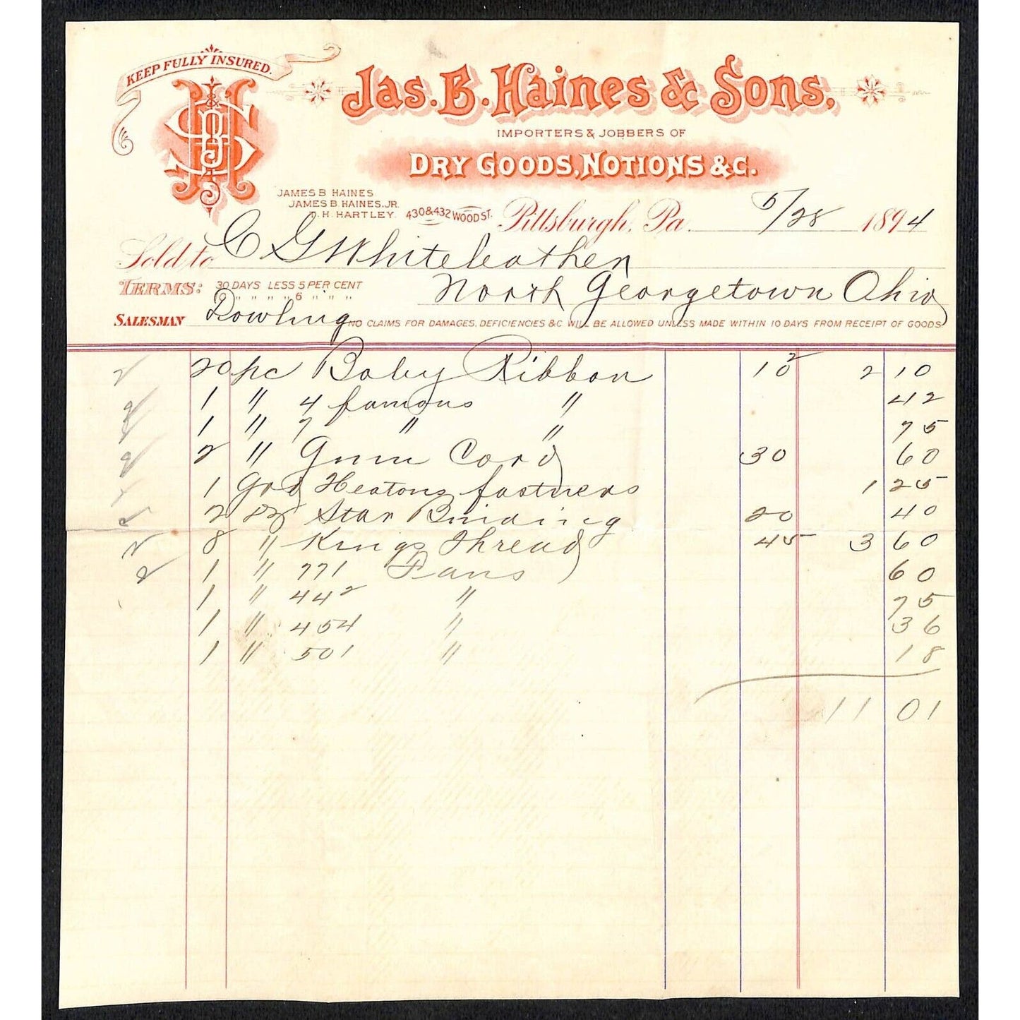 Jas B Haines & Sons Pittsburgh 1894 Billhead Whiteleather* N. Georgetown OH