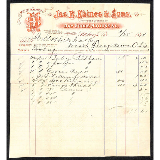 Jas B Haines & Sons Pittsburgh 1894 Billhead Whiteleather* N. Georgetown OH