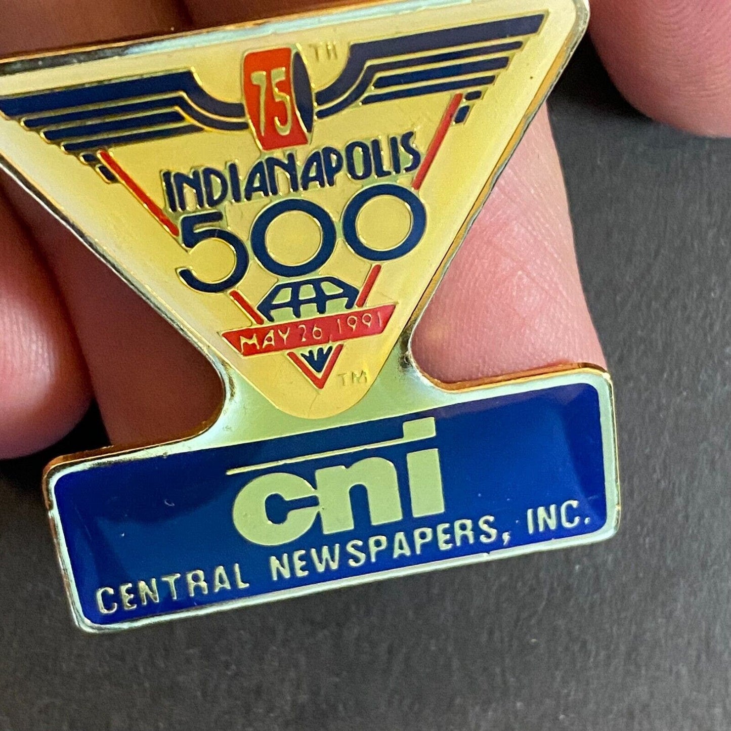 Indianapolis 500 1991 CNI Central Newspapers Enameled Lapel Pin 32mm x 33mm VGC