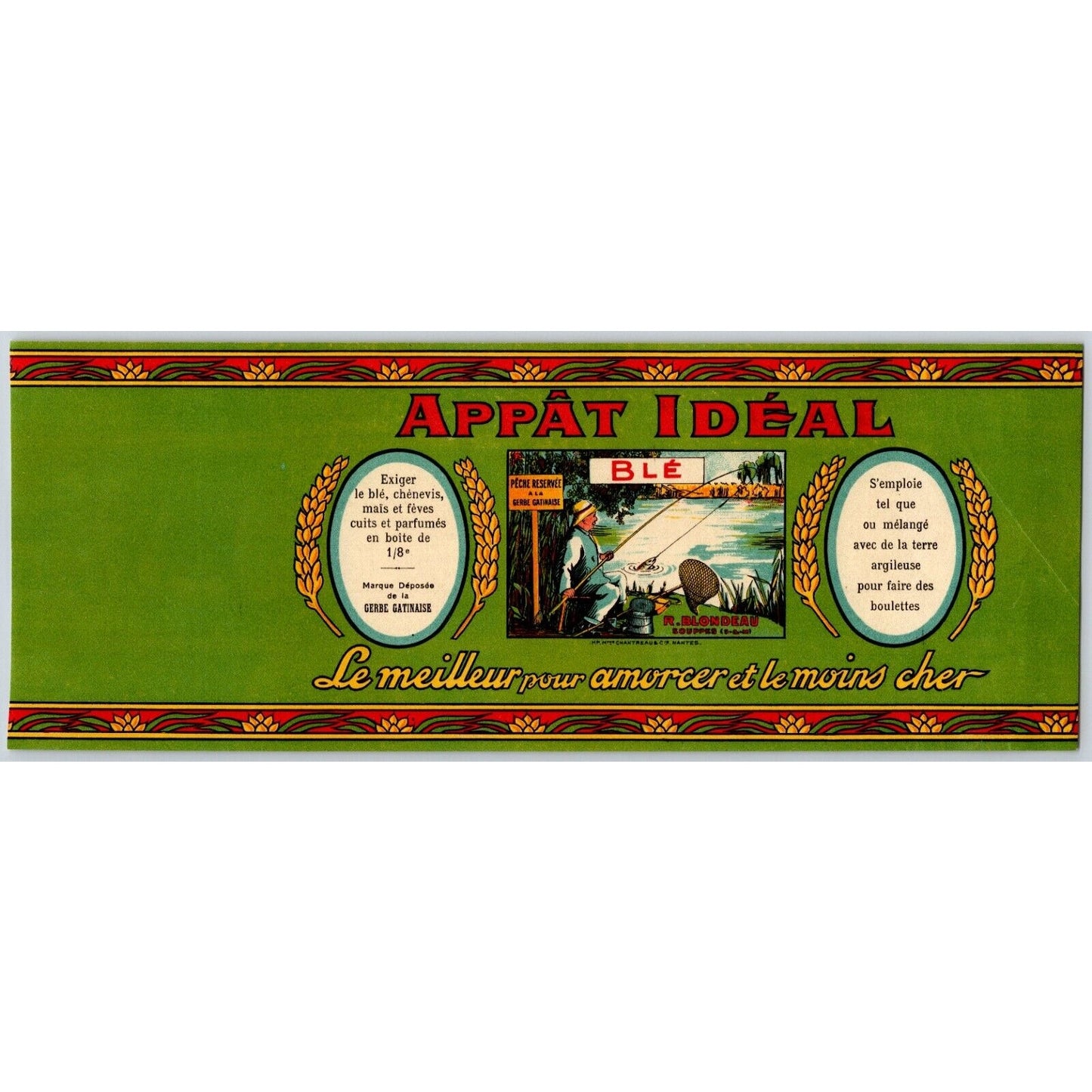 Appât Idéal Ideal Bait French Paper Can Label c1910's- 20's -Man Fishing in Lake