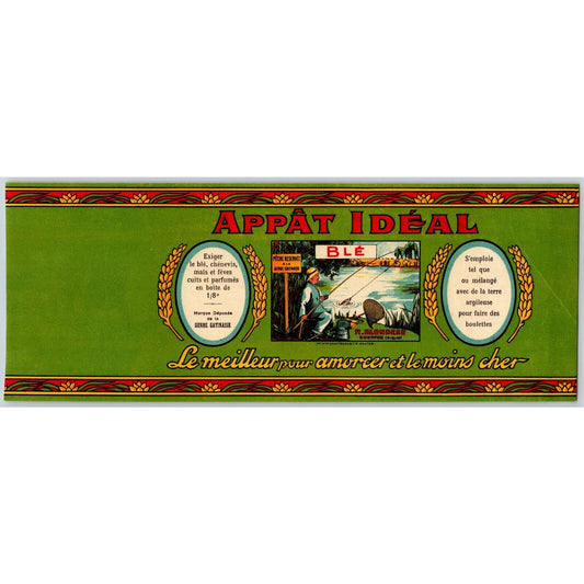 Appât Idéal Ideal Bait French Paper Can Label c1910's- 20's -Man Fishing in Lake