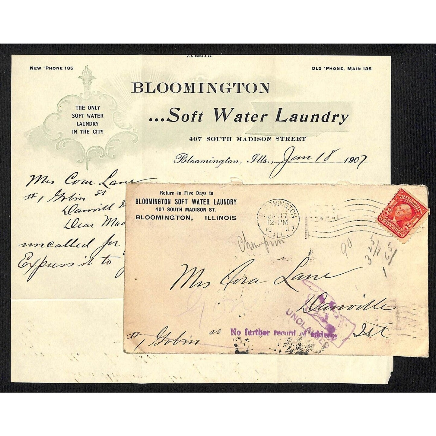Bloomington Soft Water Laundry Illinois Letterhead ALS & Advertising Cover