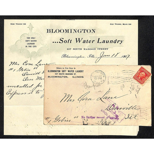 Bloomington Soft Water Laundry Illinois Letterhead ALS & Advertising Cover