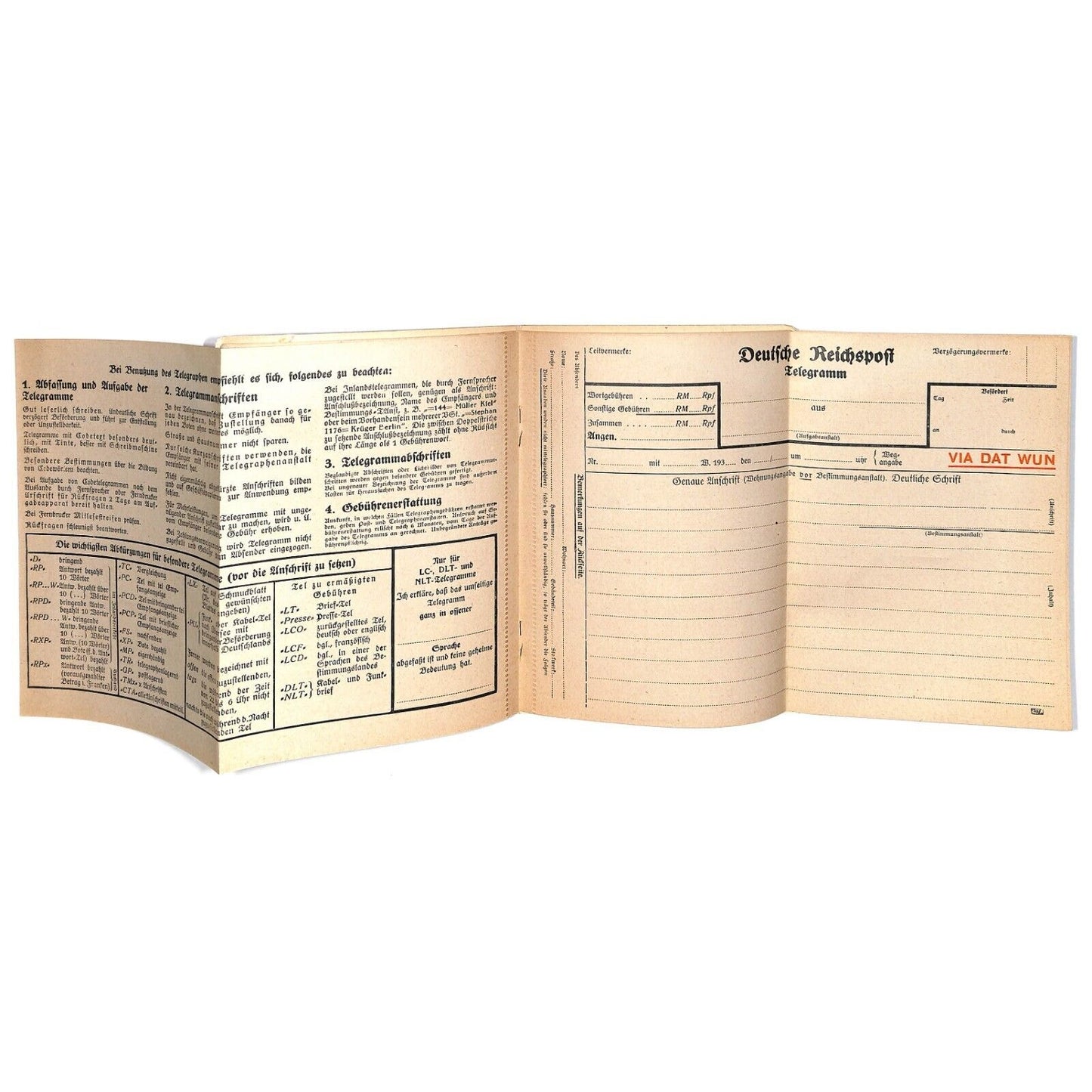 Forms for Cablegrams Western Union Germany "Via Dat Wun" c1936 w/Damage Scarce