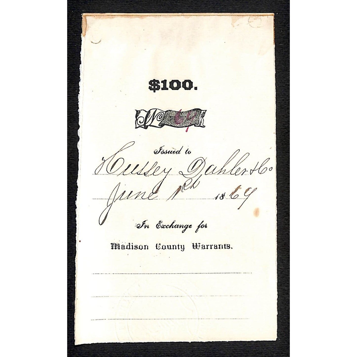 "$100 in Exchange for Madison County Warrants" Montana 2 Receipts 1864 ? 1867 ?