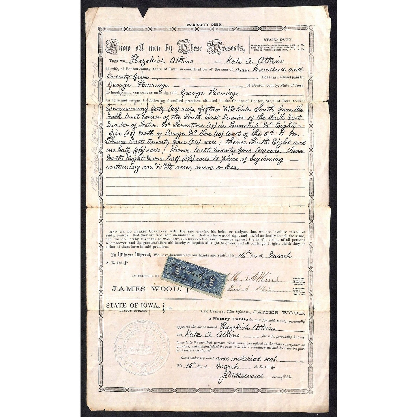 Hezekiah Atteimo ? / Aheimo ? 1868 Benton County Iowa Warranty Deed