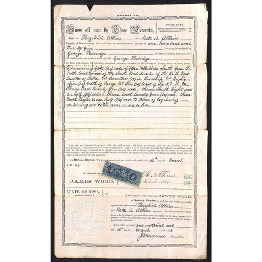 Hezekiah Atteimo ? / Aheimo ? 1868 Benton County Iowa Warranty Deed