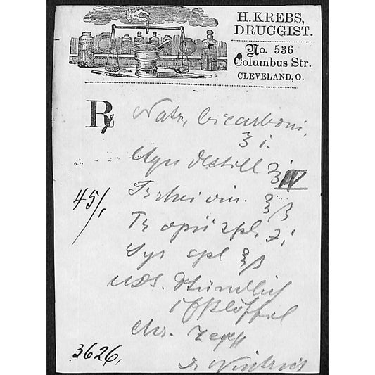 H. Krebs, Druggist Columbus St. Cleveland c1870's* Prescription #3626
