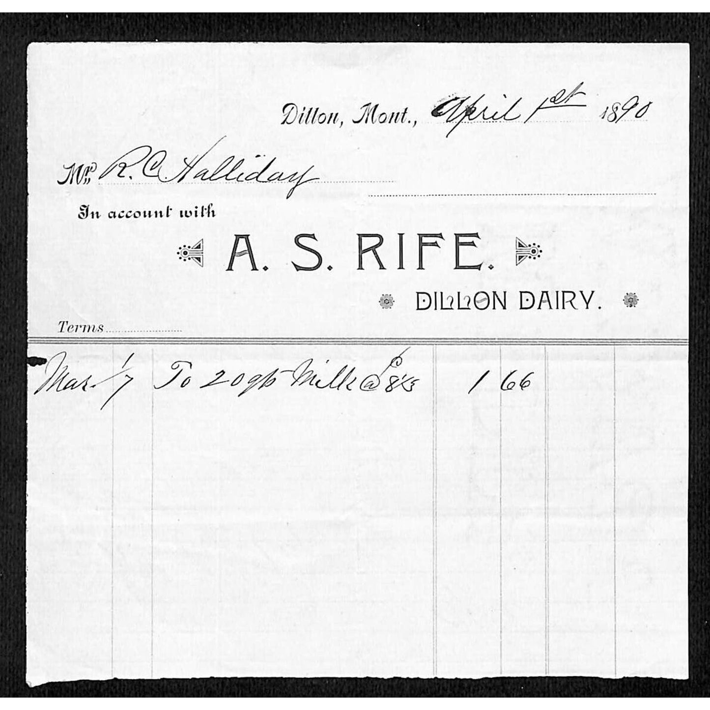 Dillon, MT A.S. Rife Dillon Dairy 1890 Billhead 20 Quarts Milk R.C. Halliday*