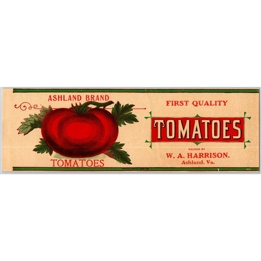 Ashland Brand Tomatoes Paper Can Label W.A. Harrison Ashland, VA c1910's w/ Cut